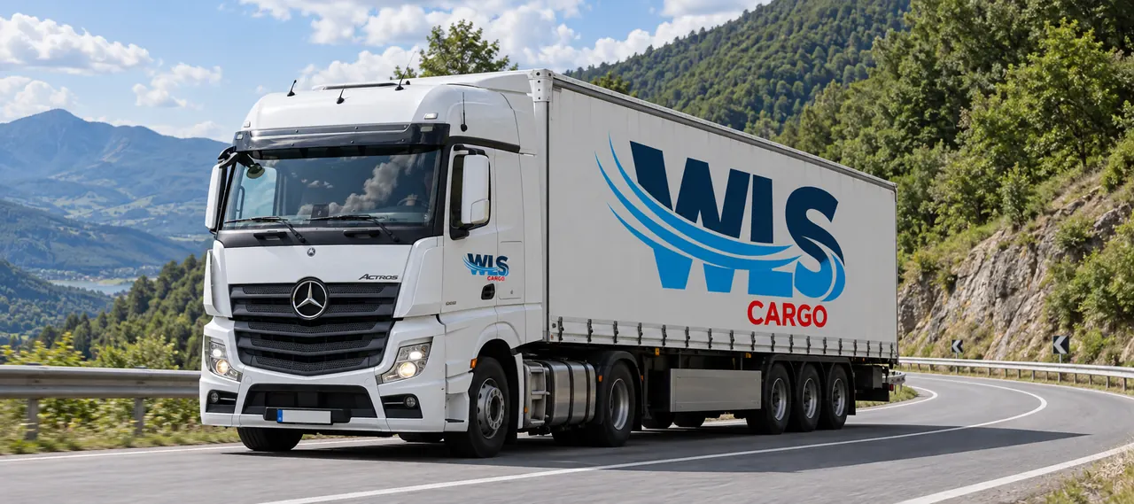 Carreta branca da WLS Cargo, com a logo no baú, em uma estrada entre montanhas