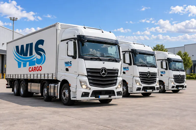 Três caminhões brancos com a identidade da WLS Cargo em um pátio logístico