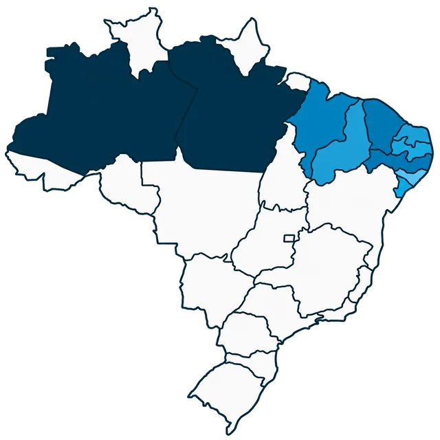 Mapa do Brasil com os estados onde a WLS Cargo está presente destacados em azul